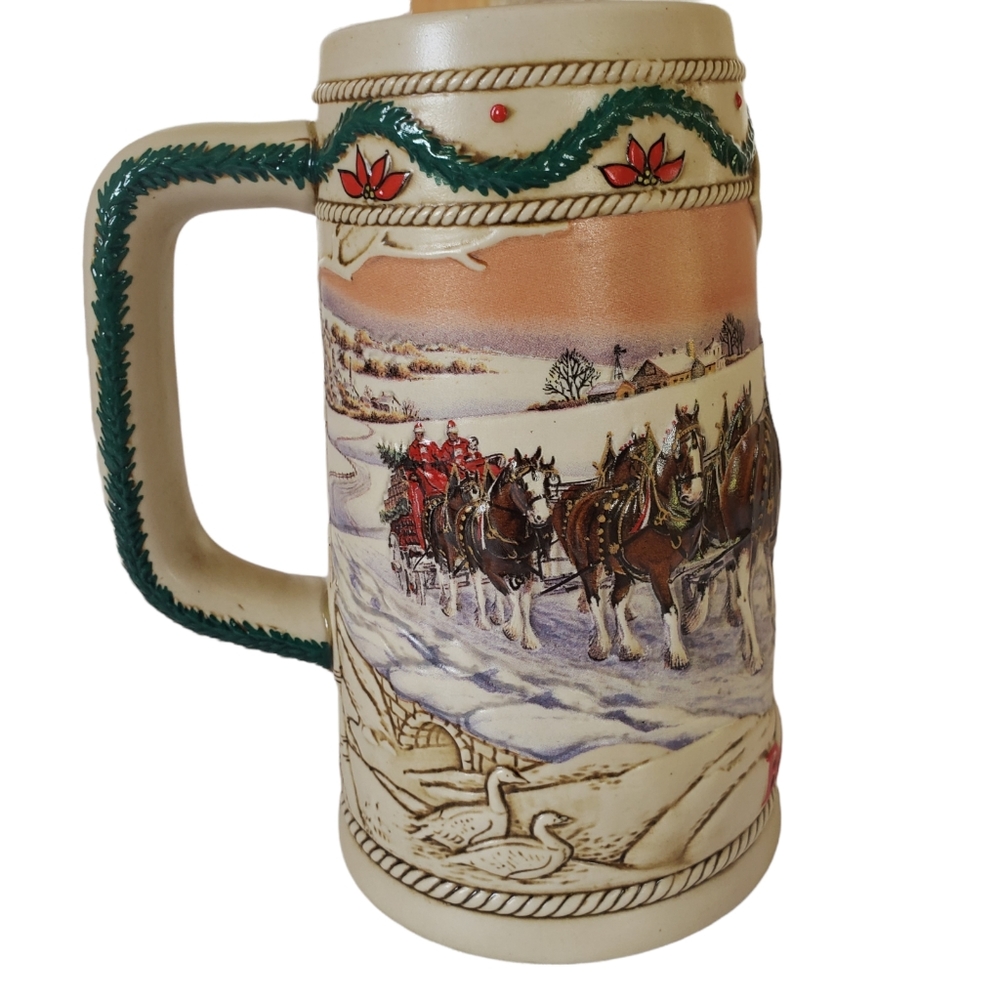 Vintage Budweiser Beer Clydesdale Horses Holiday stein by Ceramarte 1996
